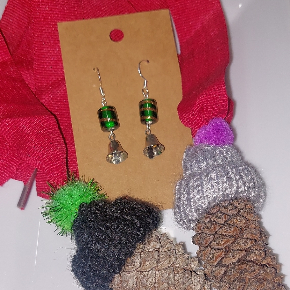 Jingle Bell Earrings With A Green And Gold Vintage Bead .925 Earwires .Handmade